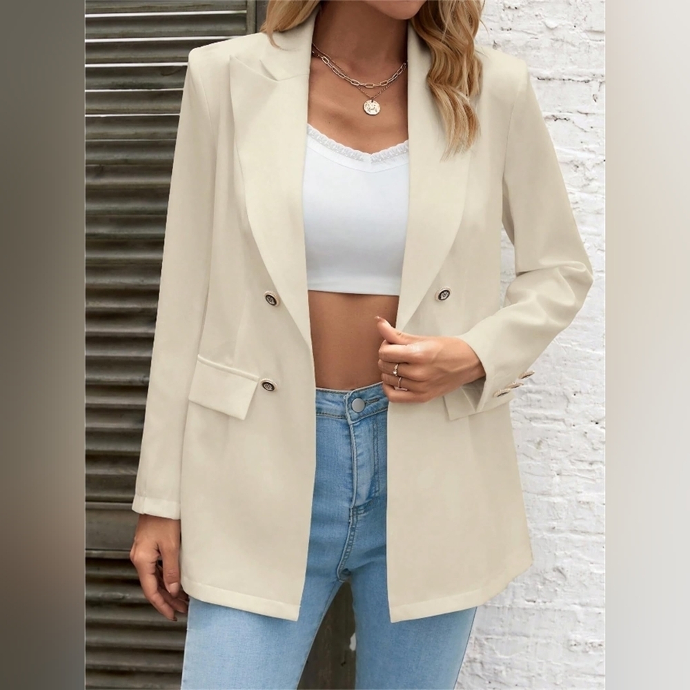 Women's Long Sleeve Blazers Lapel Neck Open Front Double Breasted Suit Business - Picture 3 of 6